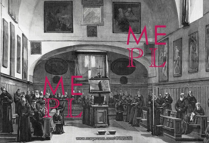 : Capuchins in the choir singing vespers. Engraving, 1898 : Capuchins in the choir singing vespers. Engraving, 1898