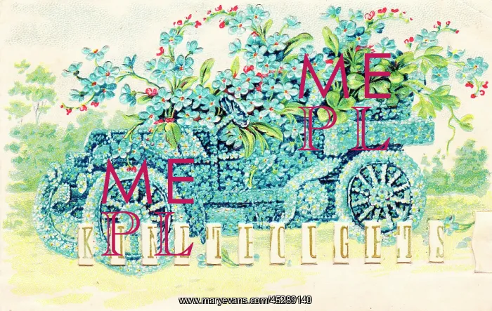  : Car full of blue flowers on a greetings postcard