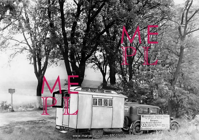 : Car with camping trailer, 1930 : Car with camping trailer, 1930