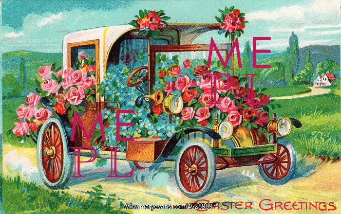  : Car full of flowers on an Easter postcard