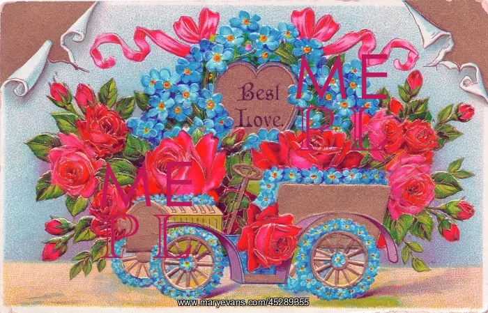  : Car full of red and blue flowers on a greetings postcard