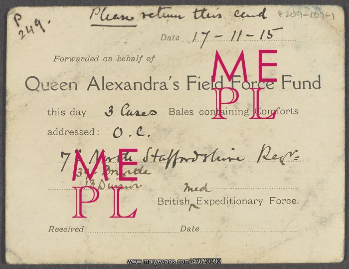 : Card sent with comforts by Queen Alexanda's Field Force Fund : Card sent with comforts by Queen Alexanda's Field Force Fund