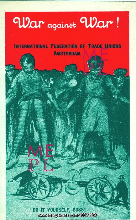 : Card shows suffering workers and children above guns : Card shows suffering workers and children above guns