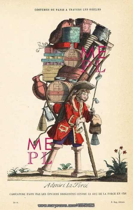 : Caricature of the Duke de la Force laden with boxes, 1721 : Caricature of the Duke de la Force laden with boxes, 1721