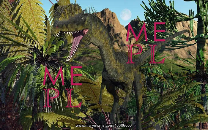 : A carnivorous Dilophosaurus looking for its next meal in a ? : A carnivorous Dilophosaurus looking for its next meal in a ?