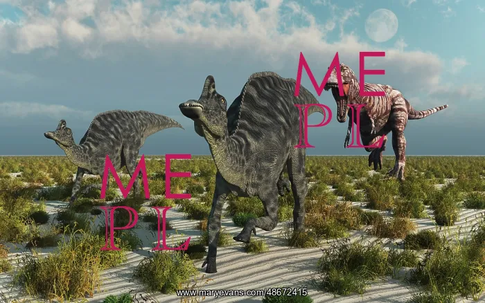 : A carnivorous T-rex chasing a pair of Velafrons dinosaurs : A carnivorous T-rex chasing a pair of Velafrons dinosaurs