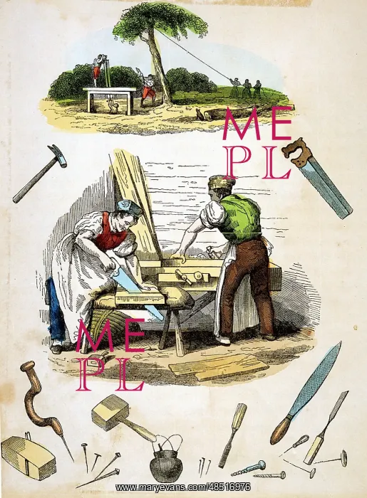 : Carpenters at work, surrounded by various tools : Carpenters at work, surrounded by various tools