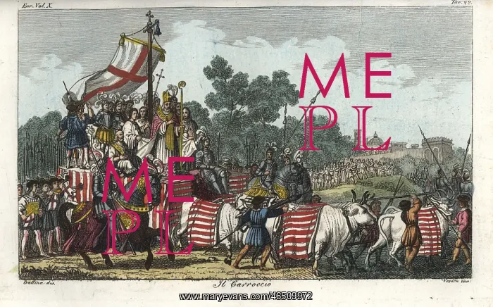 : Carroccio, a four-wheeled war altar, with : Carroccio, a four-wheeled war altar, with