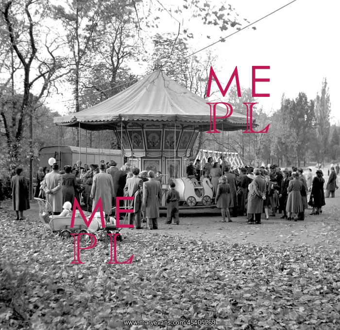  : Carrousel. Prague 1949, people wait in line to buy carrousel tickets at Letna Park