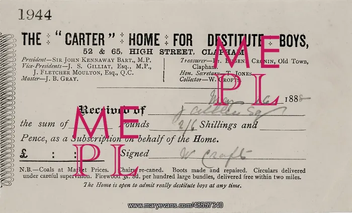 : Carter Home for Destitute Boys Subscription Receipt : Carter Home for Destitute Boys Subscription Receipt