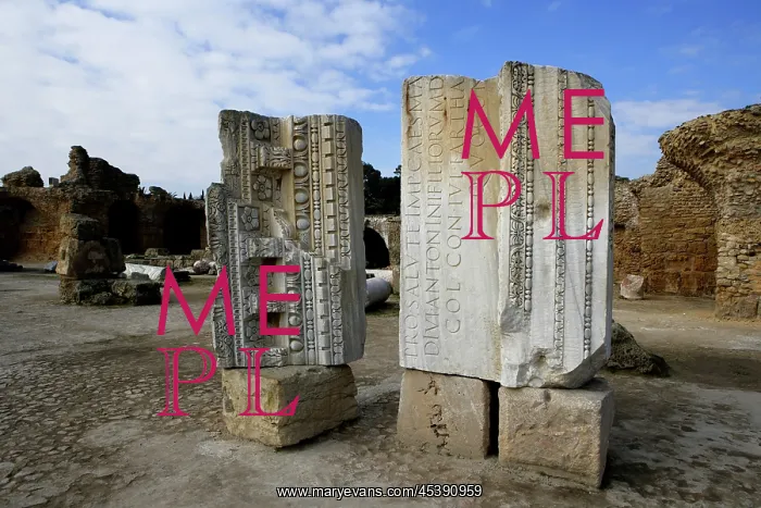 : Carthage. Low angle view of architectural remains at the Antonine Baths : Carthage. Low angle view of architectural remains at the Antonine Baths