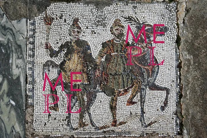 : Carthage. Detail of a mosaic depicting two men with a horse in the Villa of the Aviary : Carthage. Detail of a mosaic depicting two men with a horse in the Villa of the Aviary