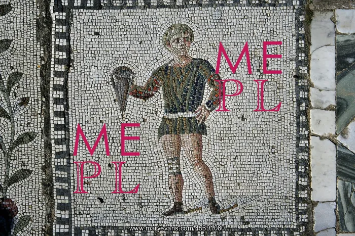 : Carthage. Detail of a mosaic of a man holding an amphora in the Villa of the Aviary : Carthage. Detail of a mosaic of a man holding an amphora in the Villa of the Aviary