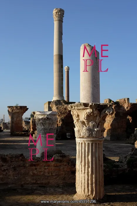 : Carthage. Low angle view of columns, and capitals in the Gymnasium of the Antonine Baths : Carthage. Low angle view of columns, and capitals in the Gymnasium of the Antonine Baths