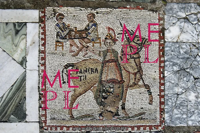 : Carthage. Detail of a mosaic of a horse and rider with two men at a table : Carthage. Detail of a mosaic of a horse and rider with two men at a table