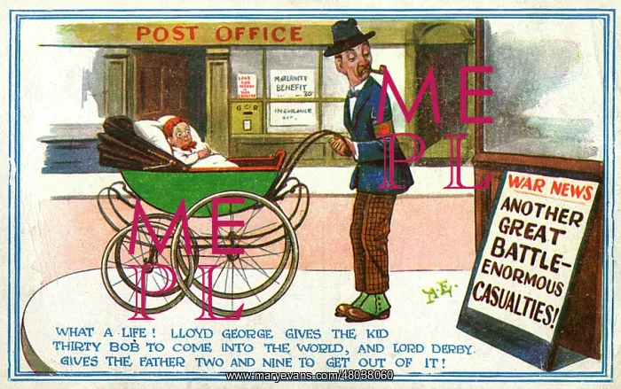 : Cartoon, British father wheeling pram, WW1 : Cartoon, British father wheeling pram, WW1