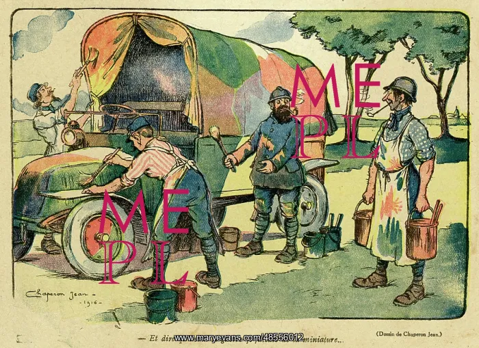 : Cartoon, Camouflaging a lorry, WW1 : Cartoon, Camouflaging a lorry, WW1