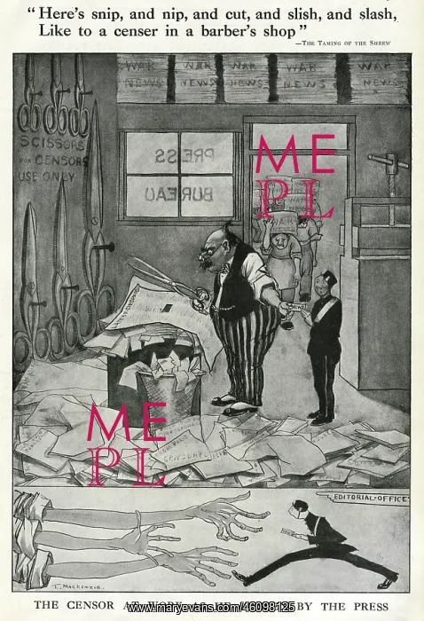 : Cartoon, The Censor at Work, WW1 : Cartoon, The Censor at Work, WW1