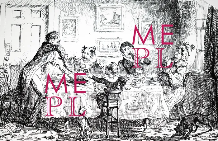 : Cartoon depicting a chaotic breakfast table scene : Cartoon depicting a chaotic breakfast table scene