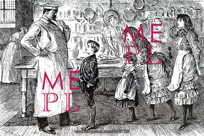 : A cartoon depicting a chef and kitchen maid : A cartoon depicting a chef and kitchen maid