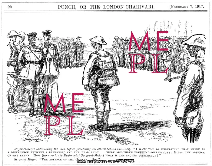 : Cartoon, difference between rehearsal and real thing (WW1) : Cartoon, difference between rehearsal and real thing (WW1)
