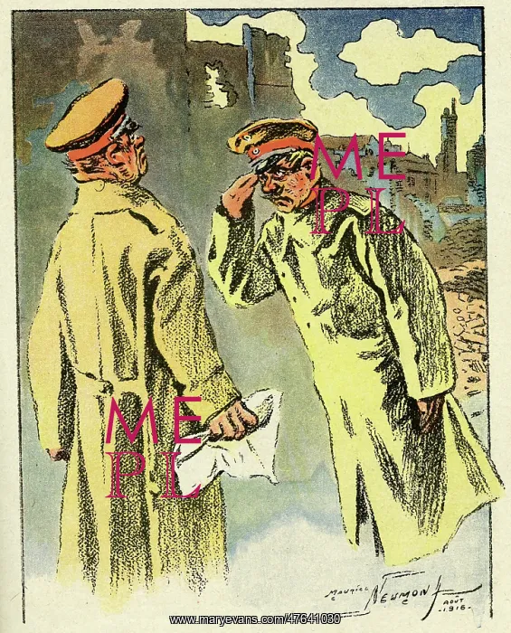 : Cartoon, German soldier and general, WW1 : Cartoon, German soldier and general, WW1