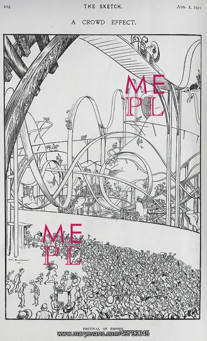: Cartoon by H M Bateman, of crowds queueing, big dipper ride : Cartoon by H M Bateman, of crowds queueing, big dipper ride
