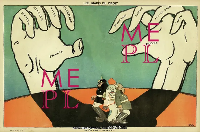 : Cartoon, The Hands with Right on their Side, WW1 : Cartoon, The Hands with Right on their Side, WW1