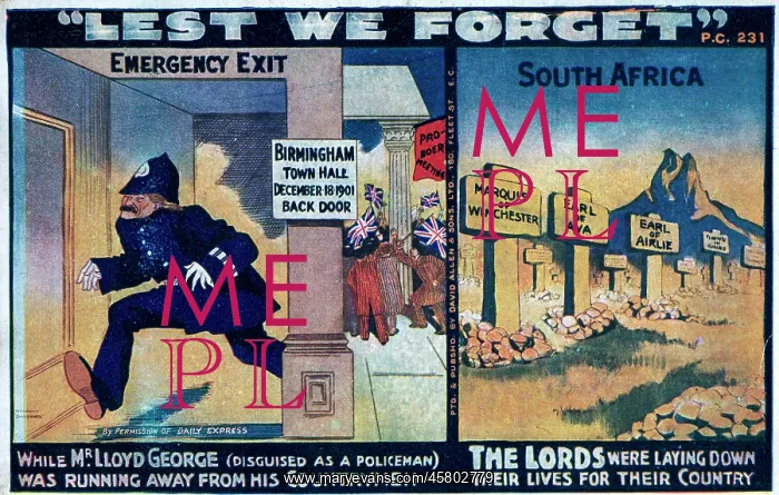 : Cartoon - Lloyd George running away from Boer War problems : Cartoon - Lloyd George running away from Boer War problems
