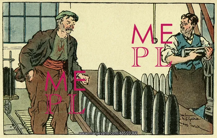 : Cartoon, Men in munitions factory, WW1 : Cartoon, Men in munitions factory, WW1