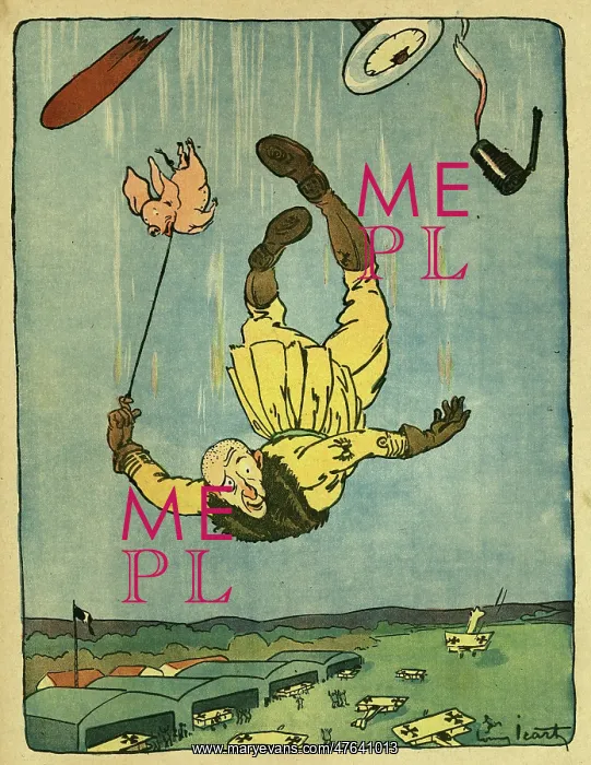 : Cartoon, Pilot falling from plane, WW1 : Cartoon, Pilot falling from plane, WW1