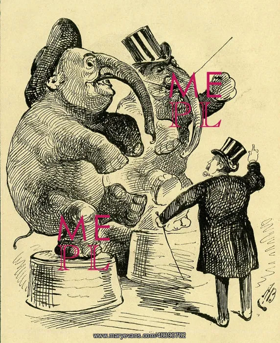 : Cartoon, ringmaster and performing elephants : Cartoon, ringmaster and performing elephants