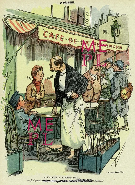 : Cartoon, Scene outside a cafe, WW1 : Cartoon, Scene outside a cafe, WW1