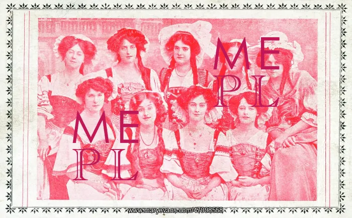 : Cast of nine women in costume : Cast of nine women in costume