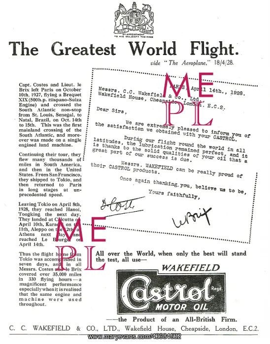 : Castrol Used For Capt Coste's Great World Flight : Castrol Used For Capt Coste's Great World Flight