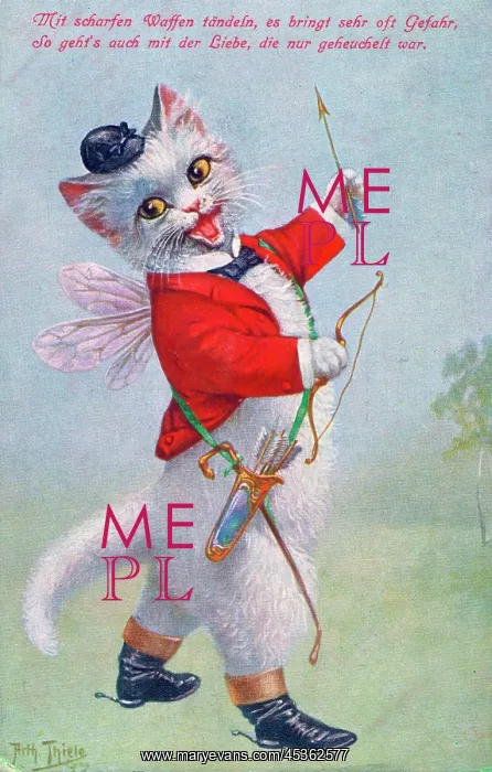 : Cat with bow and arrows on a German postcard : Cat with bow and arrows on a German postcard