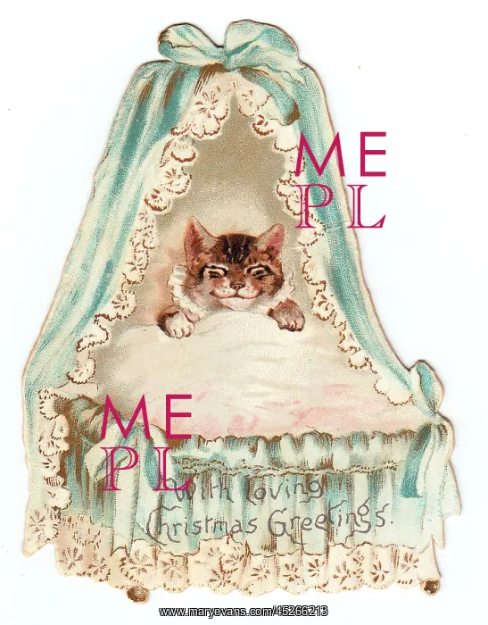 : Cat in a cradle on a cutout Christmas card : Cat in a cradle on a cutout Christmas card