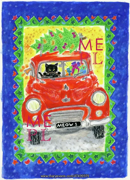 : Cat driving red car with Christmas tree : Cat driving red car with Christmas tree