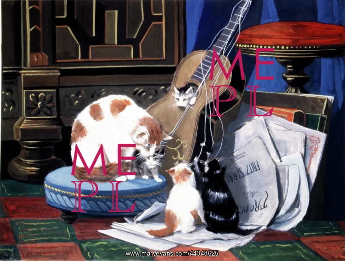  : Cat and kitten playing with a Guitar