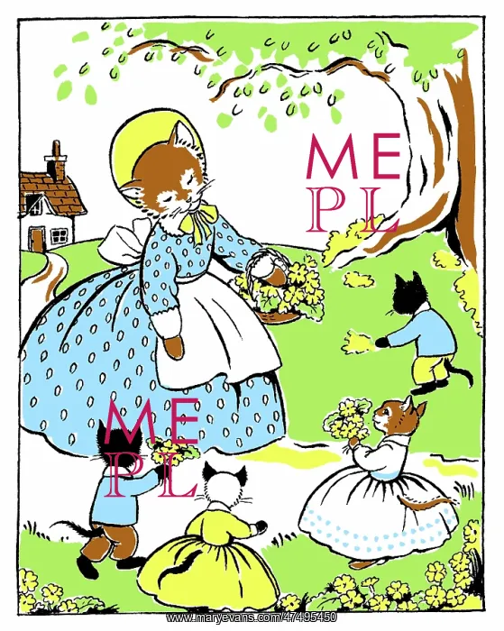 : Cat and kittens gathering primroses : Cat and kittens gathering primroses