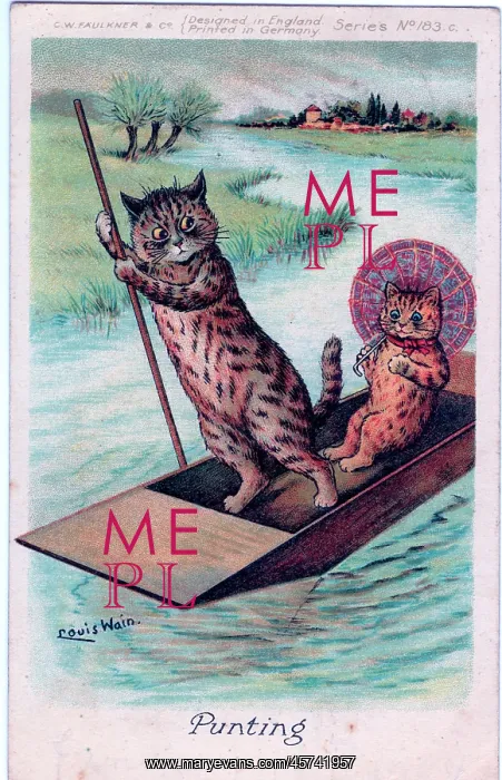 : Cat punting postcard by Louis Wain : Cat punting postcard by Louis Wain