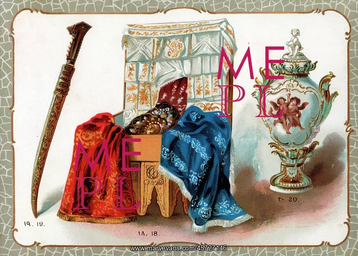 : Catalogue illustration, embroidered cloths, sword, vase : Catalogue illustration, embroidered cloths, sword, vase