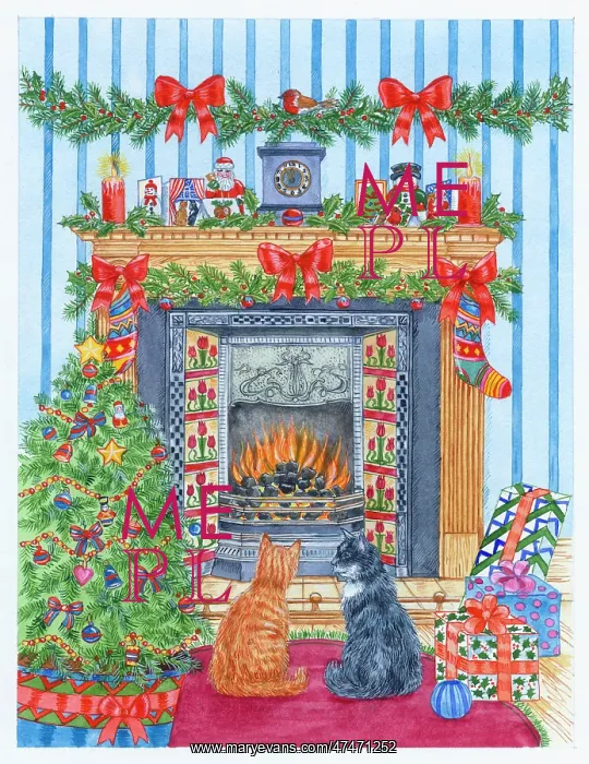 : Two cats by a fireplace with stockings and presents : Two cats by a fireplace with stockings and presents