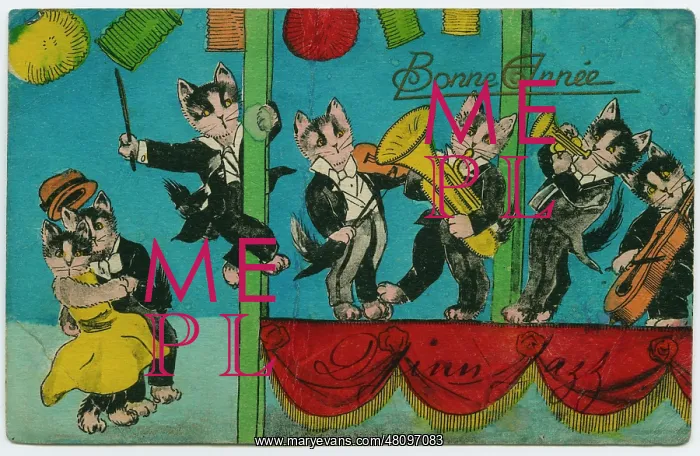 : Cats on a French New Year postcard : Cats on a French New Year postcard