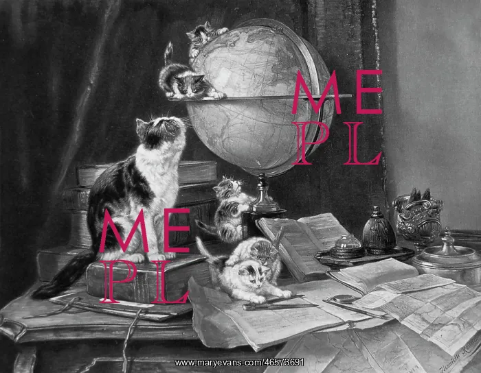  : Cats and kittens playing with a globe on a desk