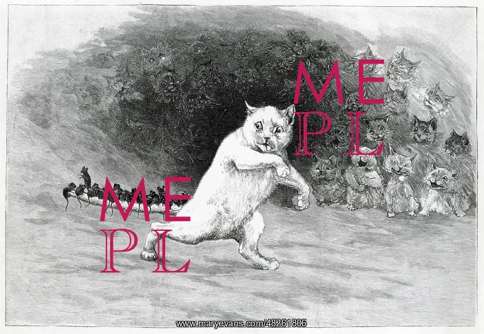 : The Cat's Nightmare, comical cat with mice on his tail : The Cat's Nightmare, comical cat with mice on his tail