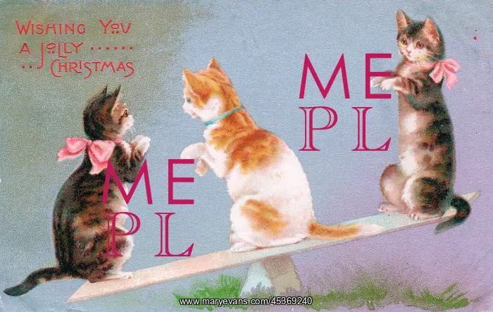  : Three cats seesawing on a Christmas postcard