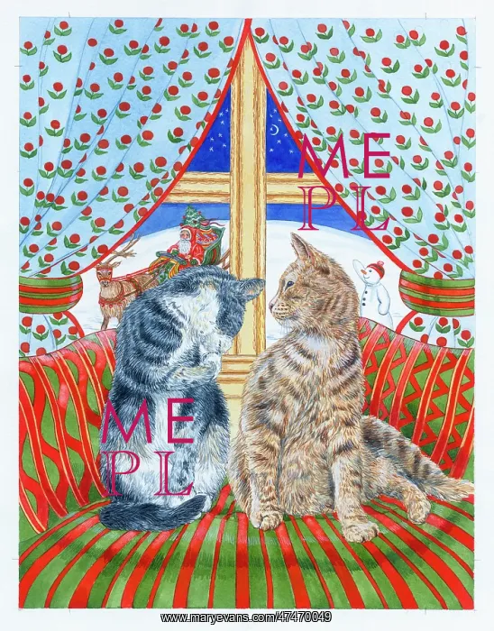 : Cats sitting in window, and Father christmas outside : Cats sitting in window, and Father christmas outside