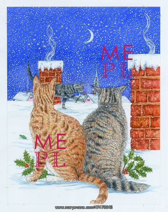 : Three cats on snowy rooftop looking at the moon : Three cats on snowy rooftop looking at the moon
