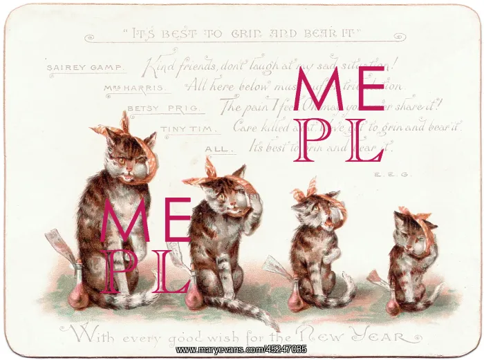 : Four cats with toothache on a New Year card : Four cats with toothache on a New Year card